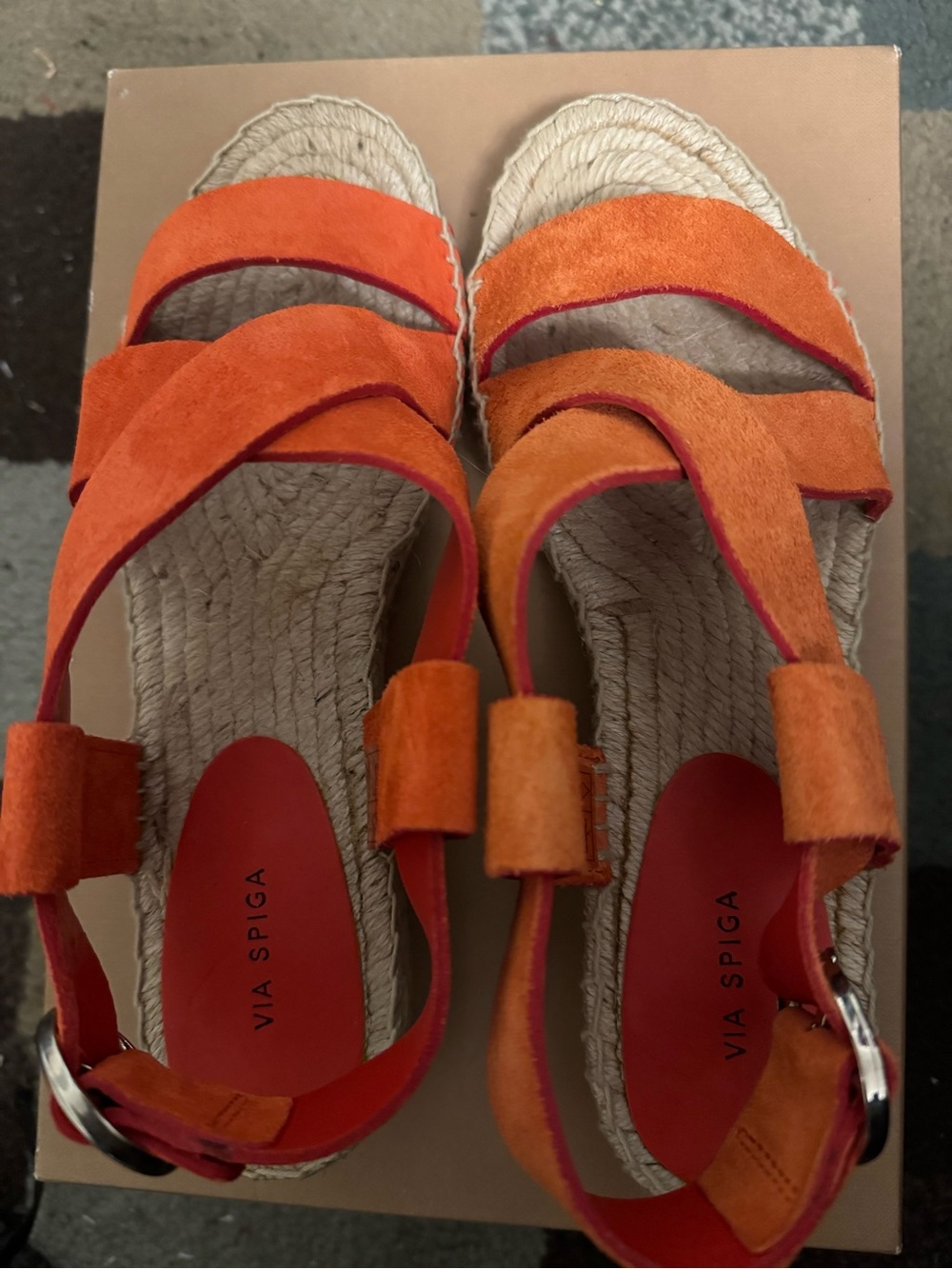 Via Spiga Orange Suede Espadrille Sandals with Red Insole Accents